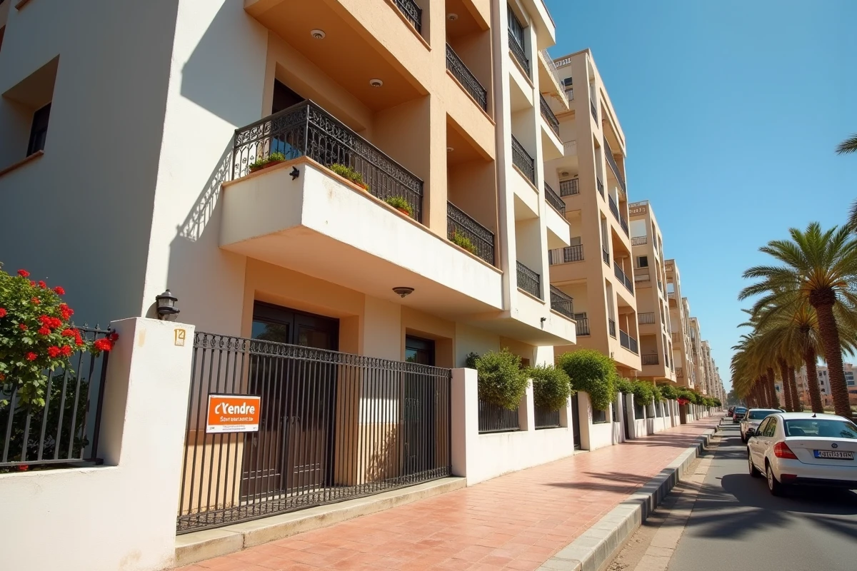 Immeuble résidentiel avec panneau à vendre dans un quartier d'Agadir au Maroc
