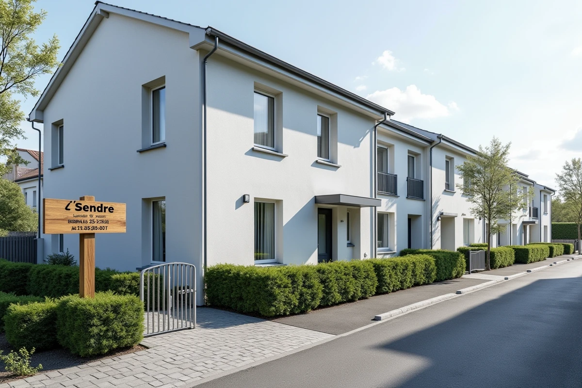 Immeuble rénové avec panneau à vendre dans un quartier résidentiel en développement près de Paris