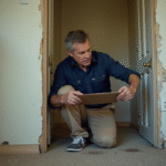 Gestionnaire immobilier examine mur endommagé par l'eau