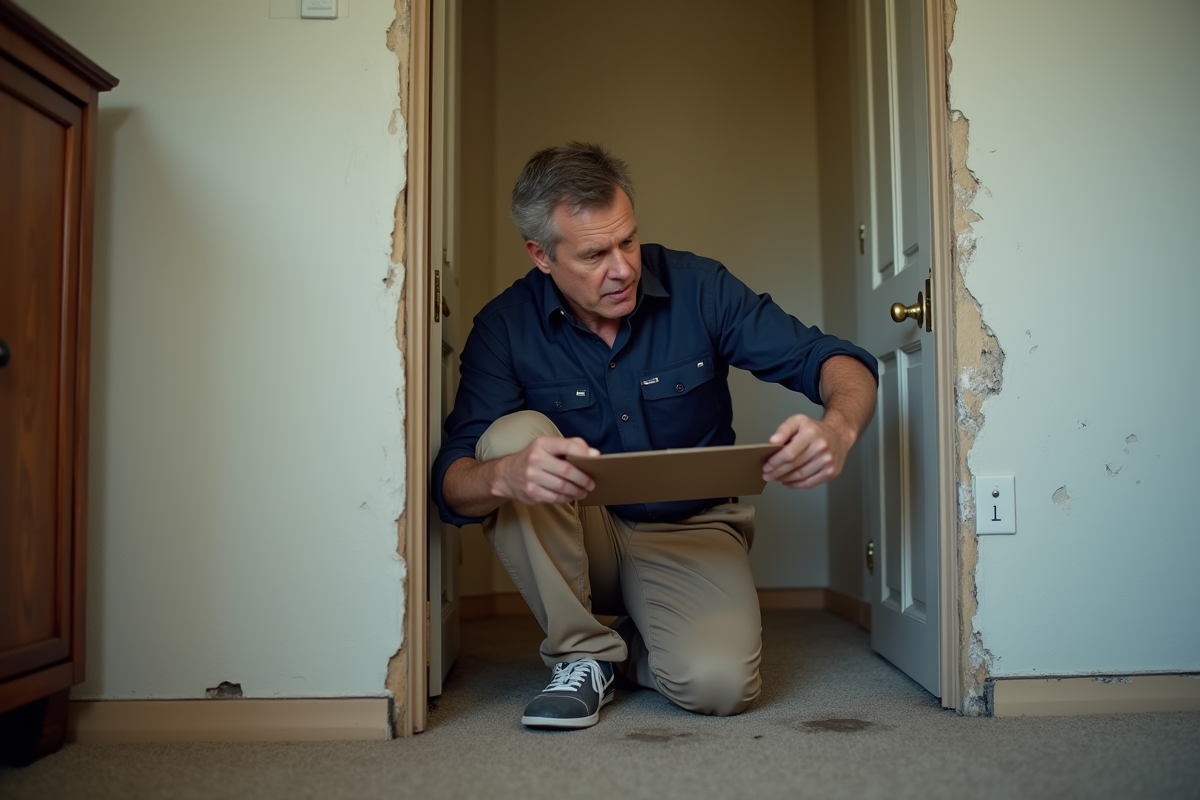 Gestionnaire immobilier examine mur endommagé par l'eau