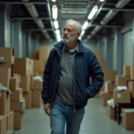 Homme inspectant une box de stockage abandonnée lors d'une vente aux enchères en France