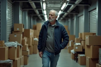Homme inspectant une box de stockage abandonnée lors d'une vente aux enchères en France
