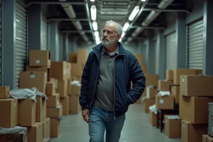 Homme inspectant une box de stockage abandonnée lors d'une vente aux enchères en France