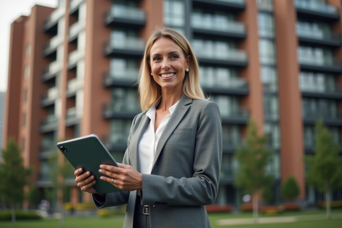 Responsable immobilier inspecte un immeuble moderne en extérieur