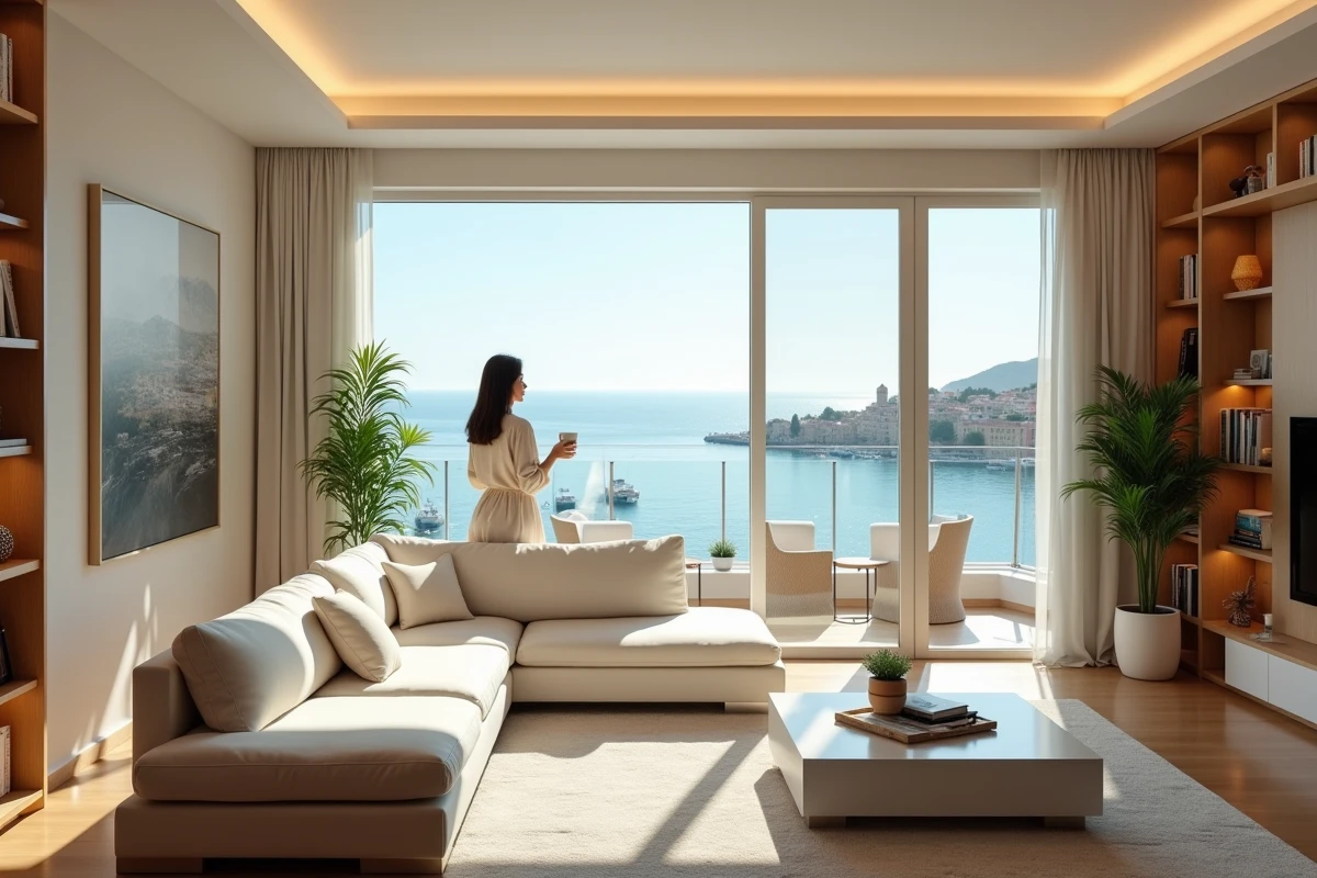 Intérieur lumineux d'un appartement de la résidence Monte Carlo Sun avec vue panoramique sur le port de Monaco