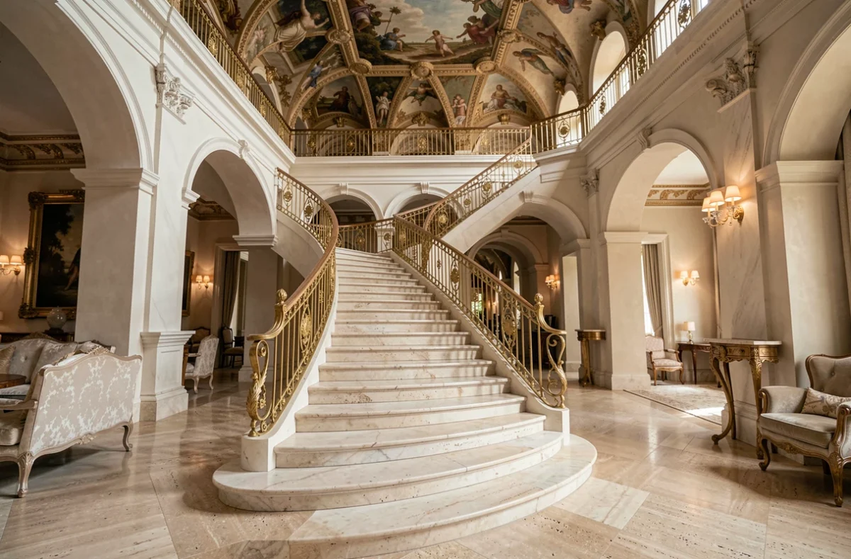 Hall d'entrée luxueux avec escalier en marbre et fresques au plafond dans la demeure la plus chère du monde