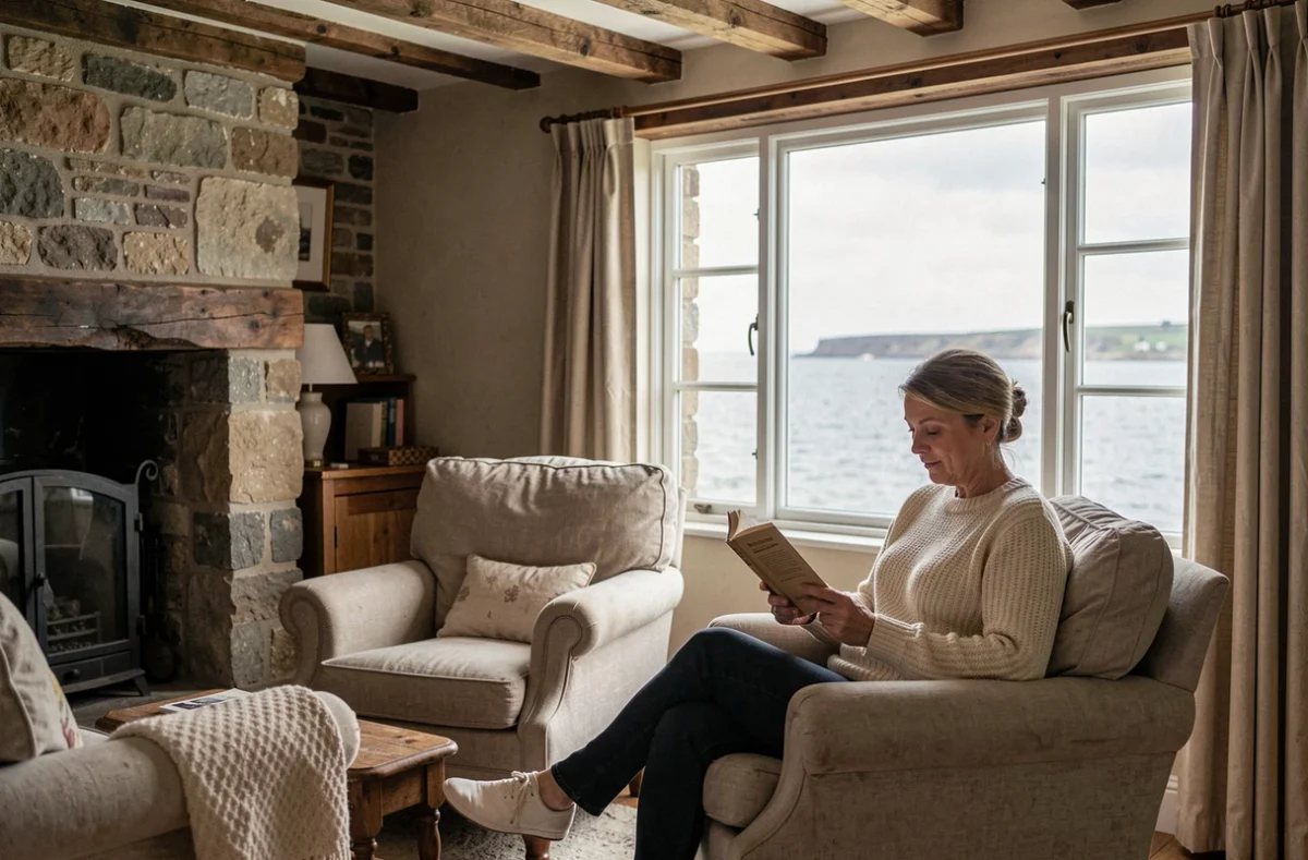Intérieur chaleureux d'une maison normande à louer avec vue sur la mer et poutres apparentes en bois