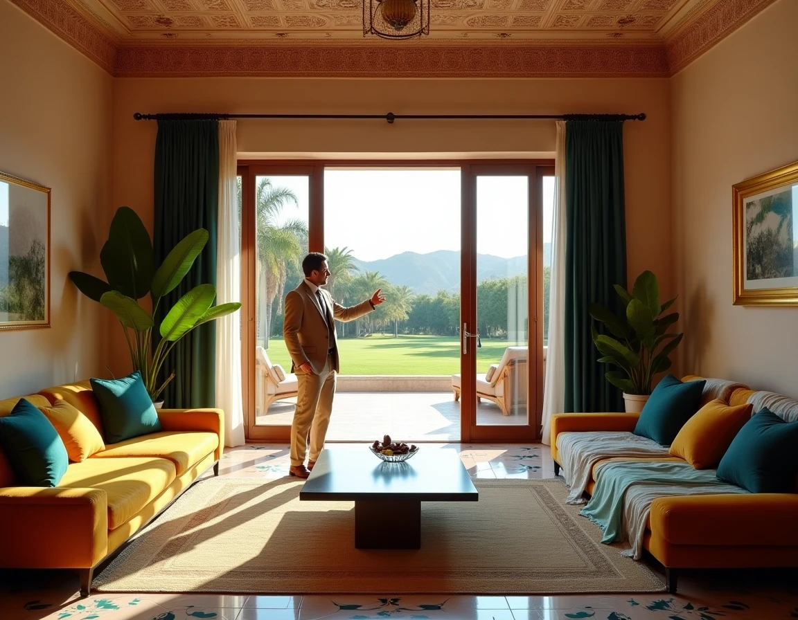 Intérieur luxueux d'une villa de golf à Marrakech avec zellige, plafond en stuc sculpté et vue panoramique sur le parcours