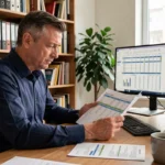 Investisseur immobilier analysant des graphiques de l'indice de référence des loyers à son bureau