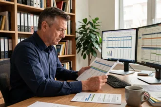 Investisseur immobilier analysant des graphiques de l'indice de référence des loyers à son bureau