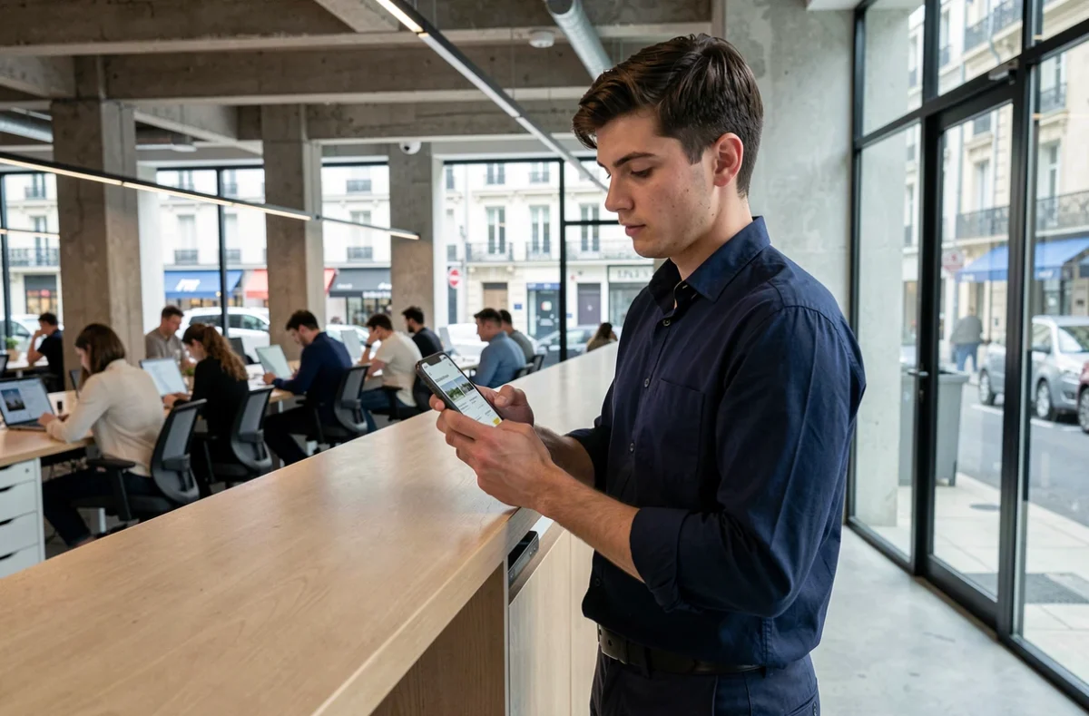 Jeune actif consultant des annonces de logement sur son smartphone dans un espace de coworking parisien