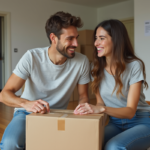 Jeune couple souriant en préparant des cartons de demenagement