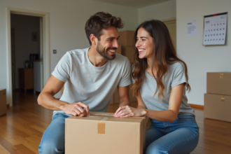 Jeune couple souriant en préparant des cartons de demenagement