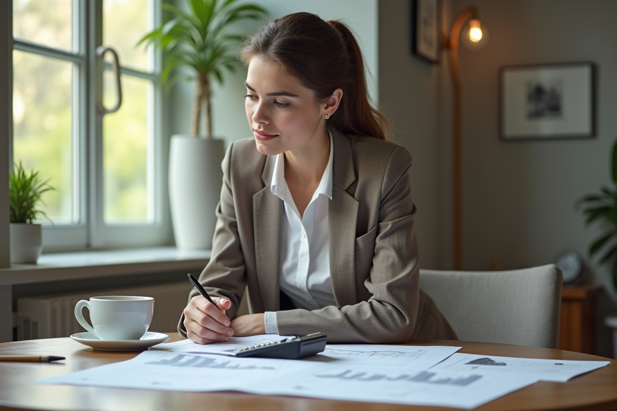 Jeune femme en blazer examine des états financiers dans une salle de réunion