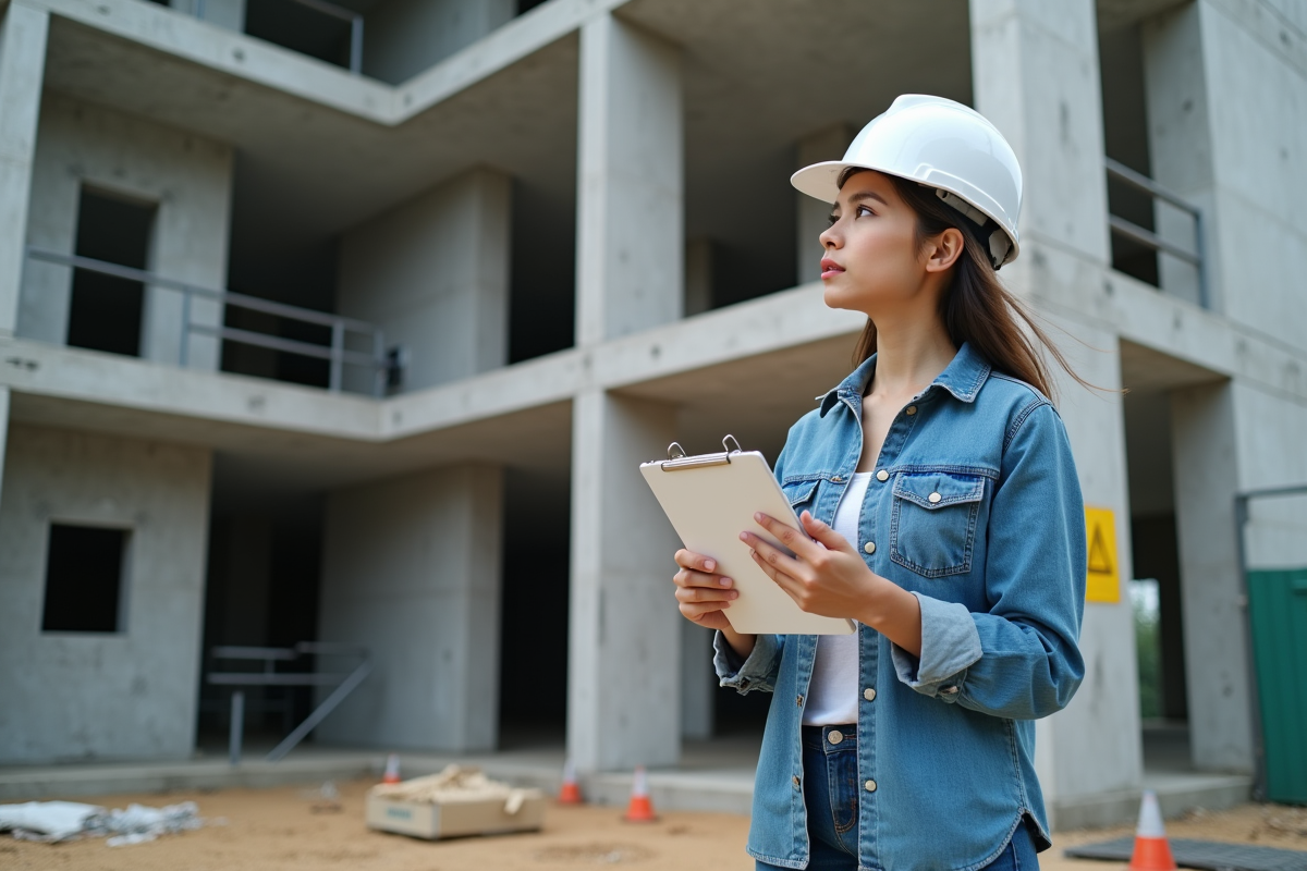 Jeune femme en extérieur observant un chantier immobilier