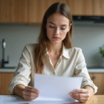 Jeune femme examine un contrat de location dans une cuisine moderne