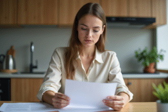 Jeune femme examine un contrat de location dans une cuisine moderne