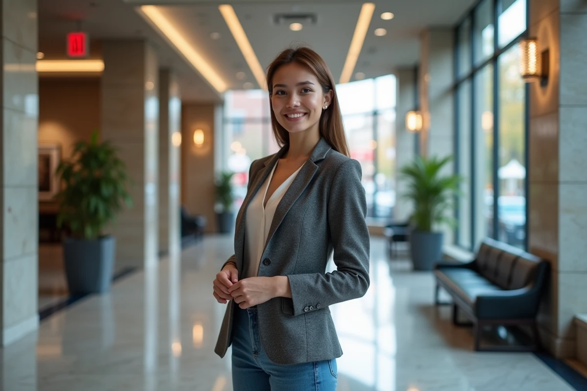 Jeune entrepreneure dans un lobby moderne et dynamique