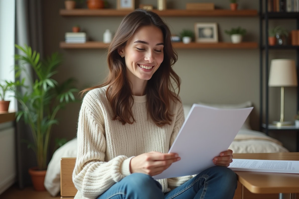 Jeune femme souriante lit un contrat de location dans un appartement
