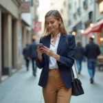 Jeune femme en blazer navy marche dans Bayonne