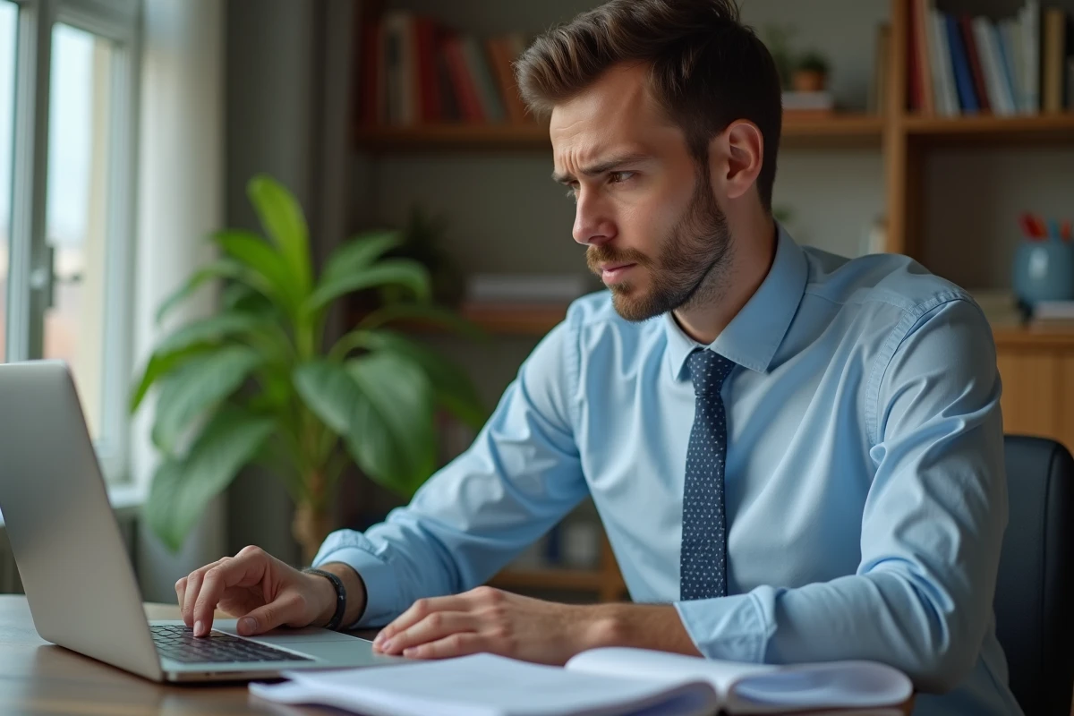 Jeune homme au bureau à domicile examine son ordinateur