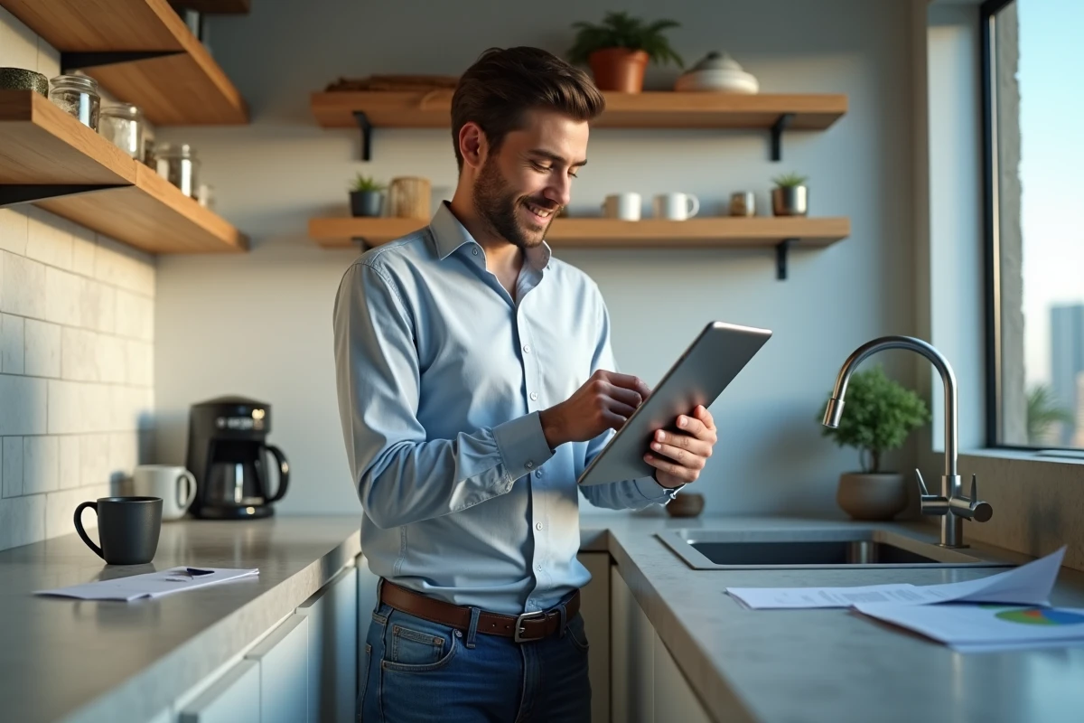 Jeune homme consultant le portail Foncia sur une tablette dans la cuisine