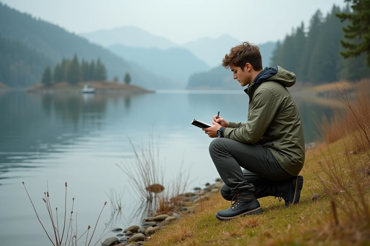 Jeune homme assis au bord du lac en pleine nature