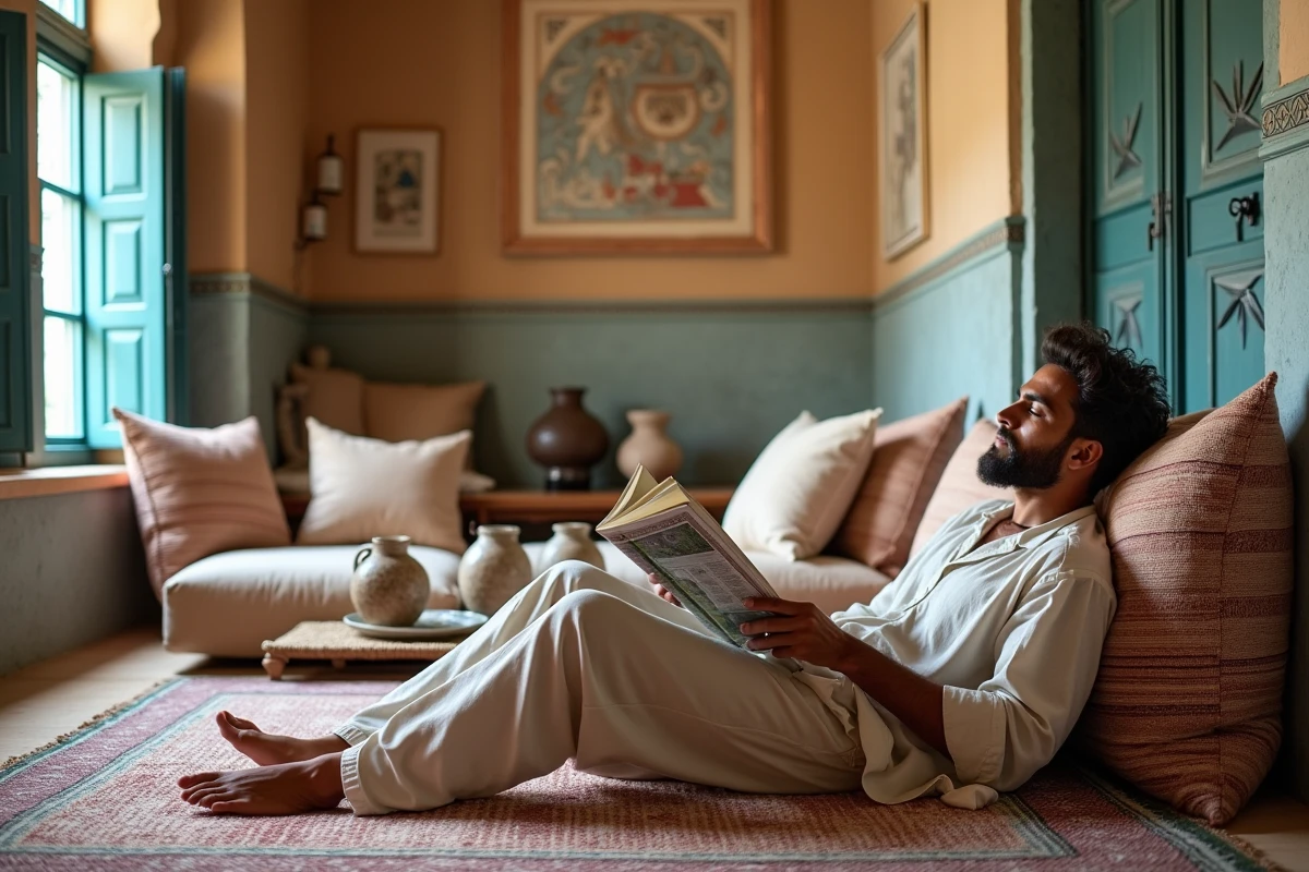Jeune homme relaxant dans un salon marocain