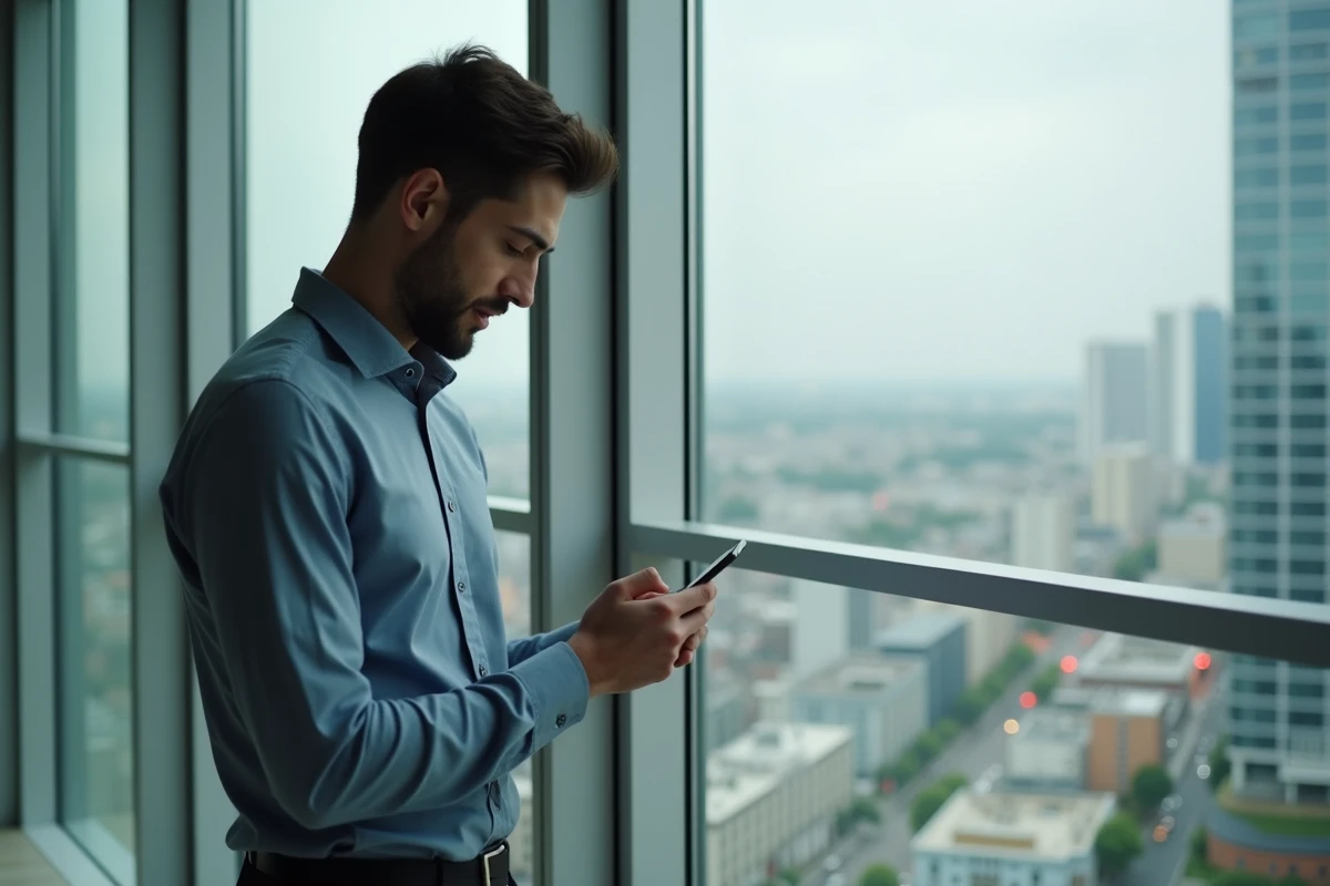 Jeune homme regardant une application immobilière sur son smartphone