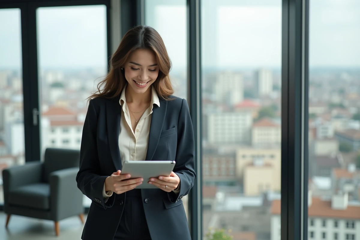 Jeune femme propriétaire tenant une tablette avec documents d