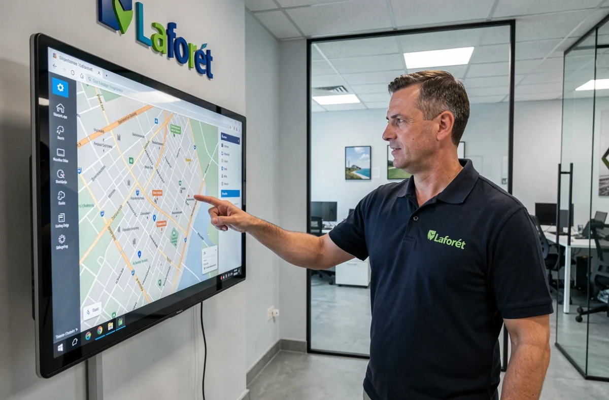 Agent Laforêt en polo bleu indiquant une carte de propriétés sur un écran tactile dans une agence du Val-d'Oise