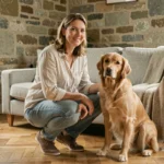 Femme locataire avec son golden retriever dans un appartement normand en Seine-Maritime