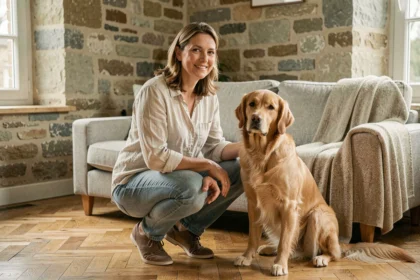 Femme locataire avec son golden retriever dans un appartement normand en Seine-Maritime