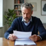 Homme propriétaire examinant un contrat de location dans un appartement lumineux