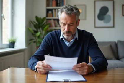 Homme propriétaire examinant un contrat de location dans un appartement lumineux