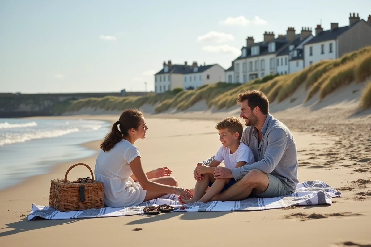 Famille profitant de la plage à Concarneau avec un immeuble de location en bord de mer en arrière-plan
