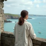 Femme sur un balcon en granit avec vue panoramique sur la mer à Concarneau, illustration d'une location appartement vue mer