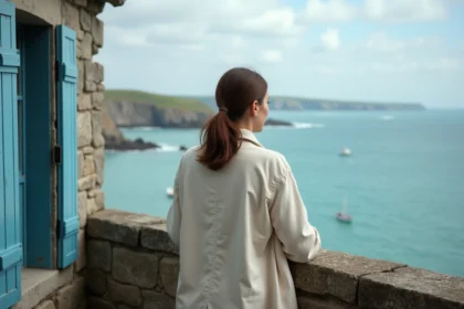 Femme sur un balcon en granit avec vue panoramique sur la mer à Concarneau, illustration d'une location appartement vue mer
