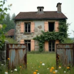 Maison abandonnée en pierre dans la campagne française avec portail rouillé et jardin envahi par la végétation
