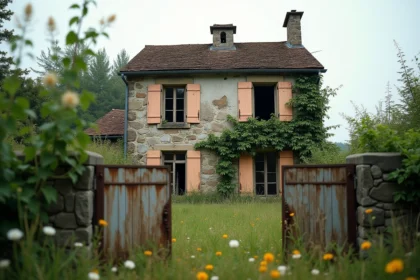 Maison abandonnée en pierre dans la campagne française avec portail rouillé et jardin envahi par la végétation
