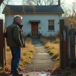 Homme regardant une maison abandonnée avec jardin envahi