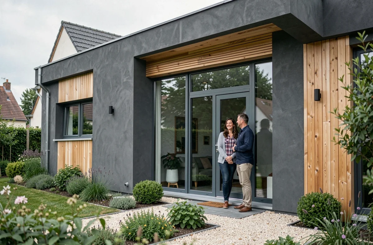 Maison ossature bois basse consommation avec bardage mixte bois et fibre-ciment vue de l'extérieur