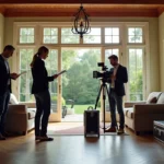 Équipe de tournage professionnelle installant du matériel cinéma dans une maison de location haut de gamme pour une production publicitaire