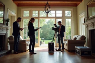 Équipe de tournage professionnelle installant du matériel cinéma dans une maison de location haut de gamme pour une production publicitaire