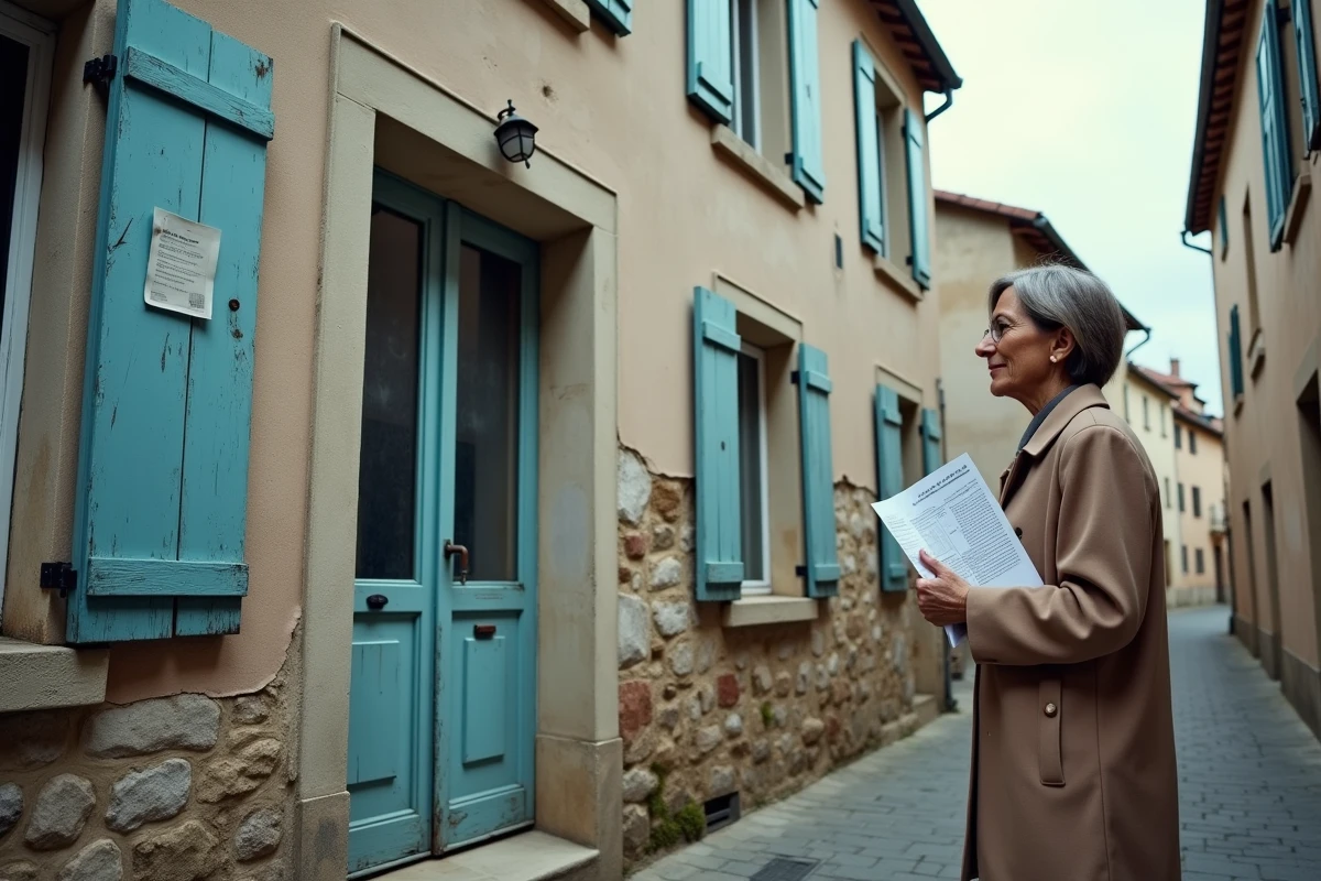 Femme examinant une maison abandonnée à vendre dans un village français avec un avis municipal sur la porte
