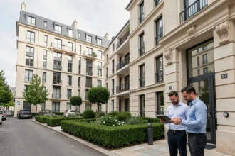 Vue d'ensemble d'une copropriété moderne en Essonne avec des syndics professionnels en extérieur