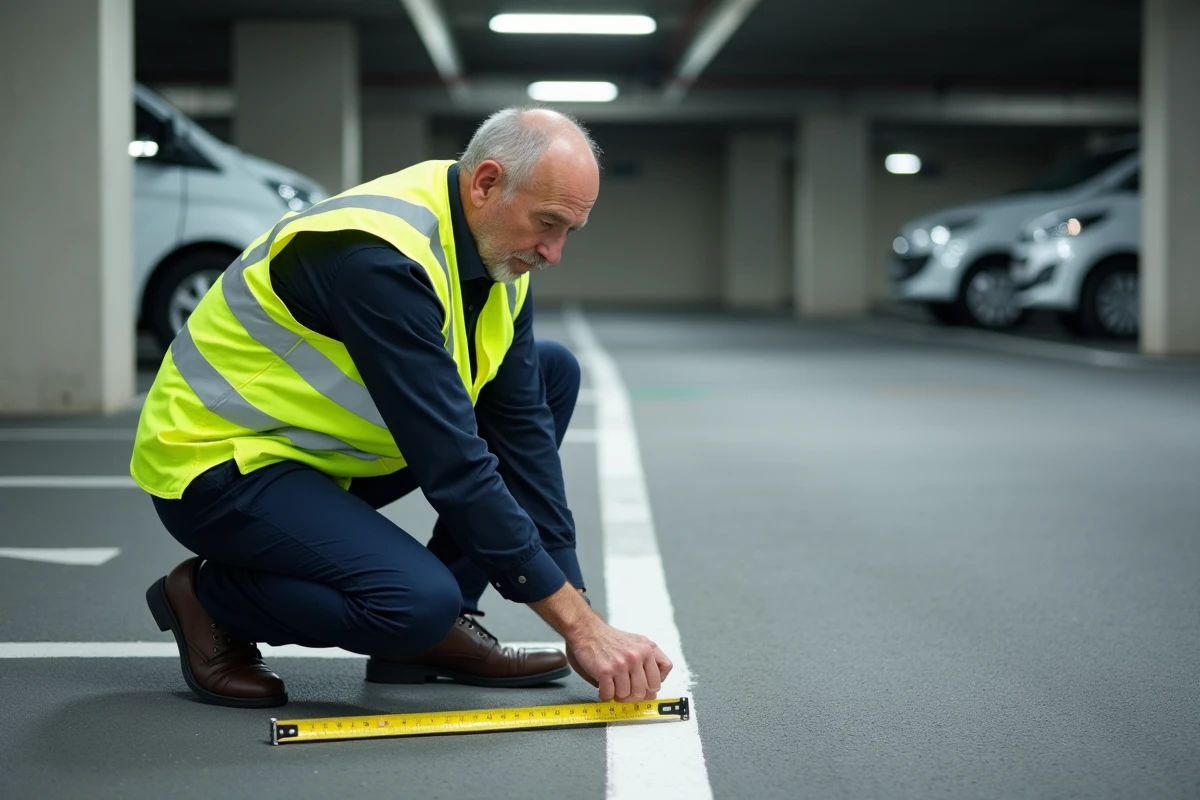 Technicien mesurant la largeur d'une place de parking avec un mètre ruban pour vérifier la conformité aux normes standard