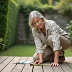 Femme mesurant la superficie d'une terrasse en bois avec un mètre ruban pour planifier l'aménagement extérieur