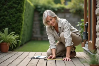Femme mesurant la superficie d'une terrasse en bois avec un mètre ruban pour planifier l'aménagement extérieur