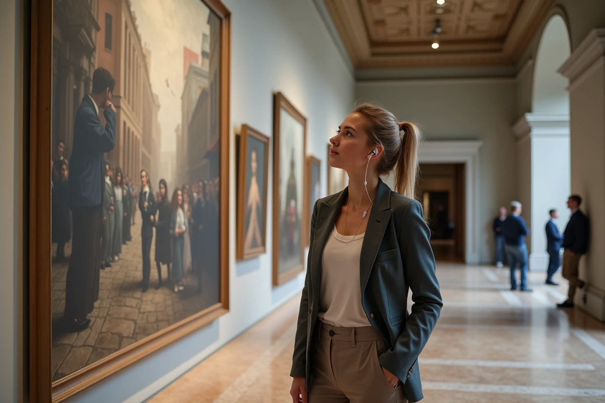 Femme contemplant une œuvre d'art au Musée des Beaux-Arts de Lyon dans une salle aux hauts plafonds